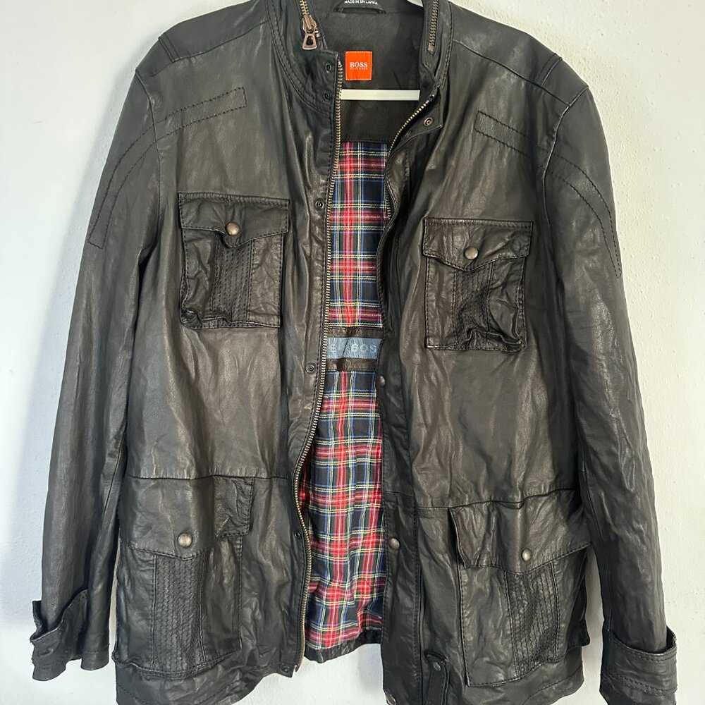 Hugo Boss Orange Jacket Men’s 44R XL Goat Leather Black Distressed VTG Style
